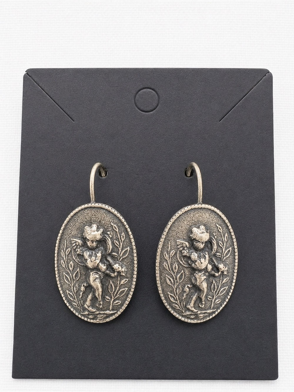 Vintage Silver-Tone Cherub Oval Drop Earrings